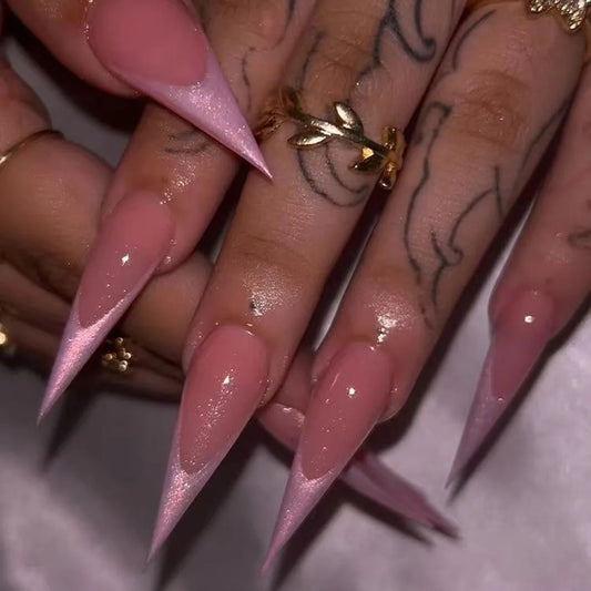 24Pcs Long Stiletto Nails Set Press on Pink Edge French Detachable Fake Nails Art Simple Artificial Full Cover False Nails Tips