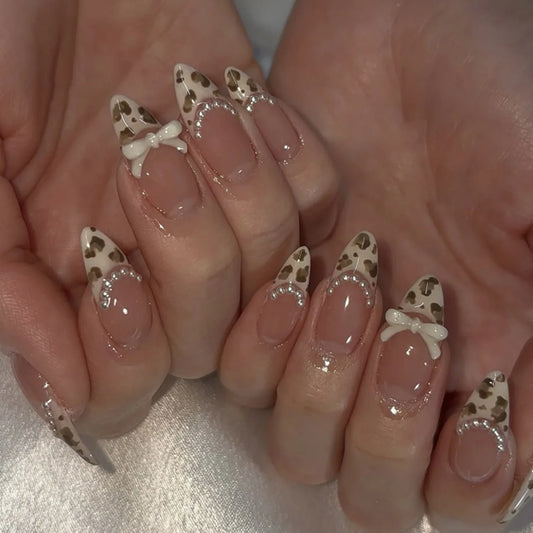 24pcs French Fake Nails Press on Leopard Print Long Almond False Nails Bow Pearl Design Full Cover Nail Tips Simple Manicure Set