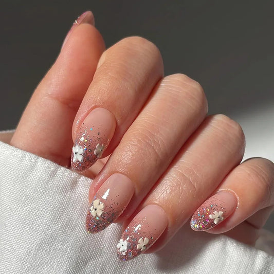24pcs Fashion Rhinestone Press on Nails Tips with Pearl Design Long Almond False Nail Art Fishtail Pattern French Fake Nail Sets