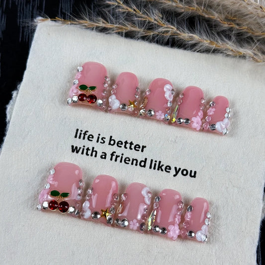 10pcs high-end Pink girl style, hand-painted three-dimensional engraved design, cherry, dazzling multi-diamonds handmade fake