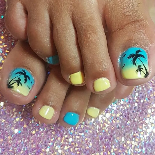 24pcs Ins Summer Press on Toe Nails Summer Yellow Blue Gradient False Nails Wearable Reusable Coconut Tree Print Fake Toenails