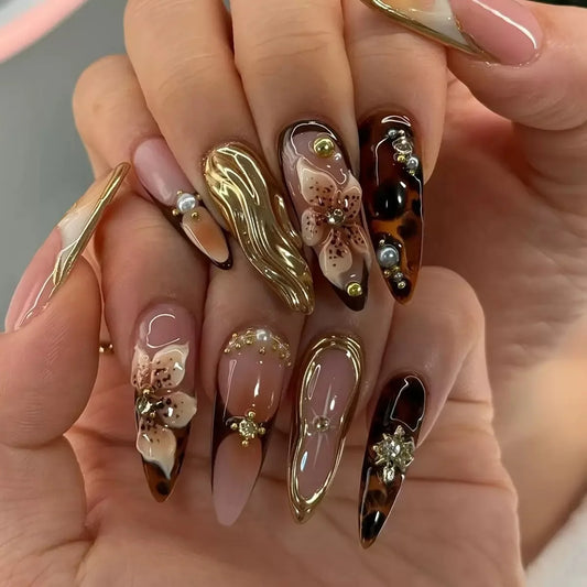 24Pcs Blue Gradient French Pearl Press on False Nails 3D Cat's Eye Gilded Flower Manicure Tips Long Stiletto Wearable Fake Nails