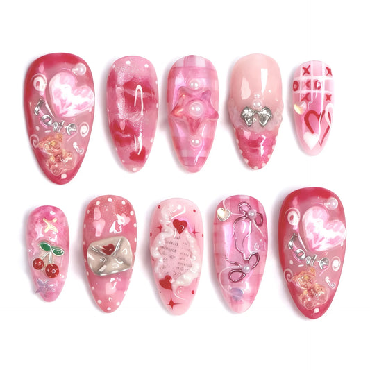 30pcs Sweet Pink Almond False Nail Tips Love Heart Cherry Bowknots Envelope Designs Press On Nails Valentine's Day Fake Nails