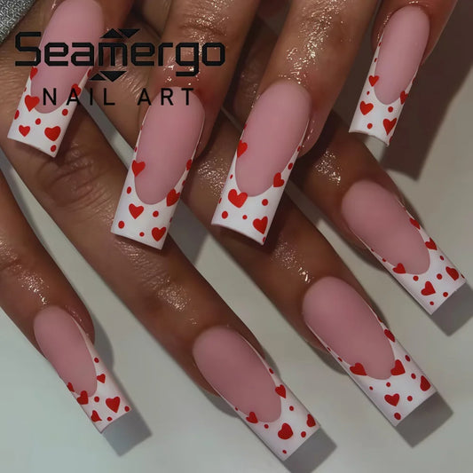 24PCS Romantic Sweet Red Heart False Nails Square French Tips Design Press on Nails European American Valentines Day Nails Fake