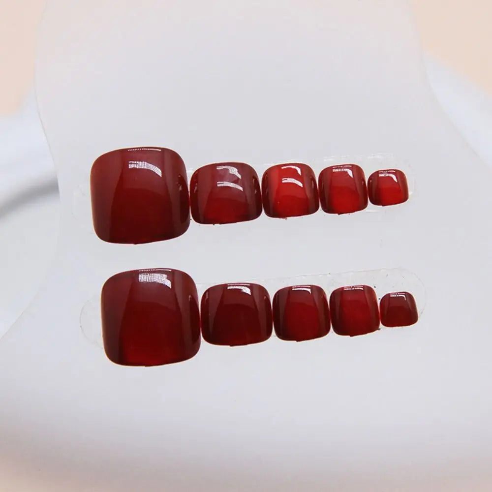 24pcs Fake Toenails French Full Cover Summer Red Cat Eye Short Square Toe Nails Foot Nails Tips for Women Girl Press on Nails