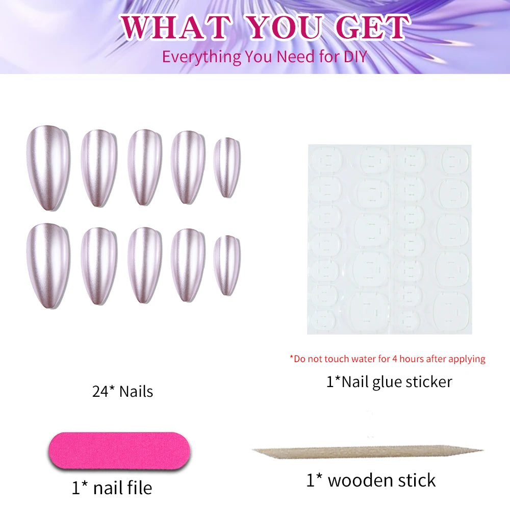 24pcs/Set Y2K Style Pink Magic Metal Chrome Shiny Medium Almond Press On Nails Holographic Nail Dust Ice Neon Mermaid Mirror Gli