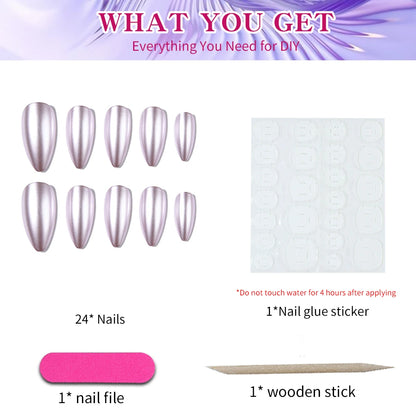 24pcs/Set Y2K Style Pink Magic Metal Chrome Shiny Medium Almond Press On Nails Holographic Nail Dust Ice Neon Mermaid Mirror Gli