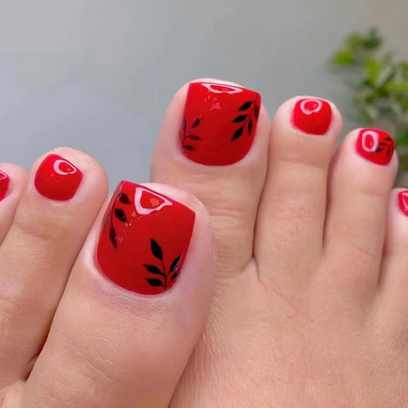 Flow Chocolate Design Artificial Toenails Glossy Fashion Toe Fake Nails with Glue Wearable Short Flat Shape Fake Toenails