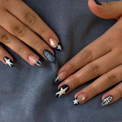 24pcs Colorful Five-pointed Star Press On Nails Red Stripes French Style Y2k Fake Nails Yellow Almond European Fake Nail Tips