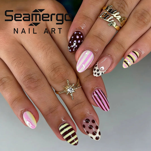 24PCS Sweet Retro Style Press on Nails Pink Yellow Brown Stripe Polka Dot Print Almond Nails Reusable False Nails for Daily Wear