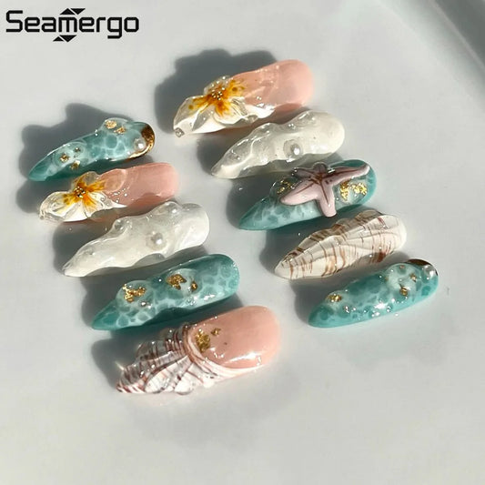 10PCS Beige Press on Nails Stiletto Fake Nails with 3D Starfish Shell Flower Pearl Gold Summer Beach Ocean Nail Art for Women