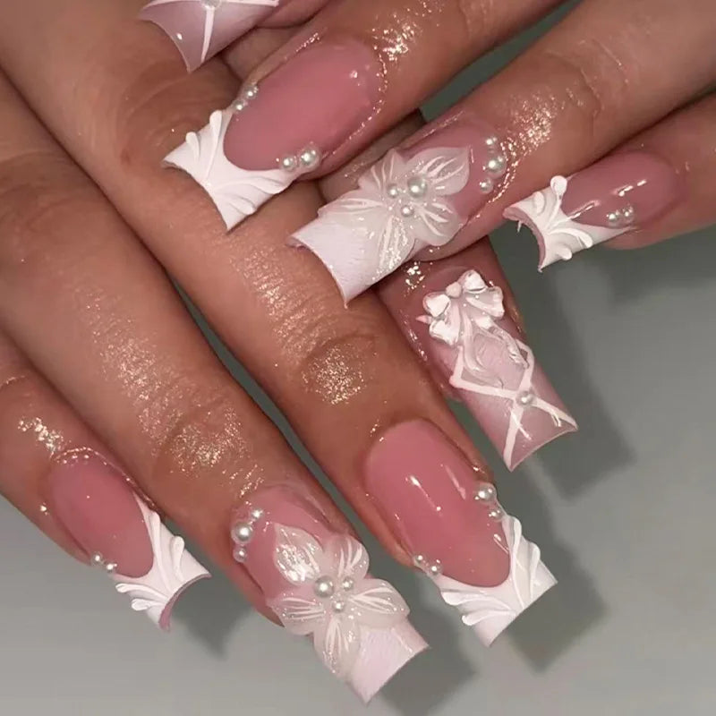24pcs White French Square Tips Press on Nails Sets Finished Long Ballet Fake Nail Bow Pearl Design Stick on Wearable False Nail