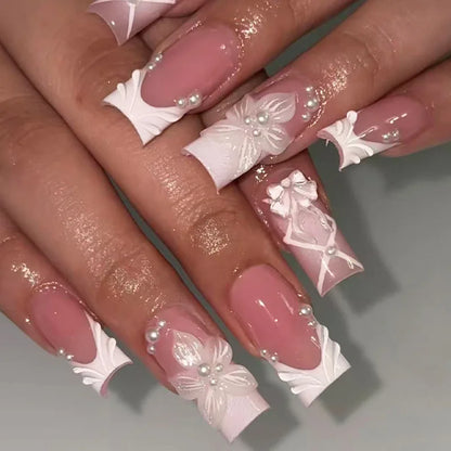 24pcs White French Square Tips Press on Nails Sets Finished Long Ballet Fake Nail Bow Pearl Design Stick on Wearable False Nail