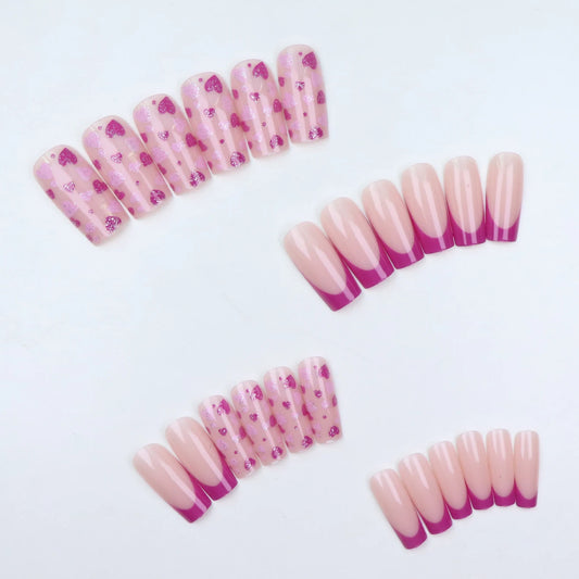 24pcs Upgrade Your Look With Pink French heart-shaped design false nail set 1pc Nail File & 1Nail Glue Sticker Kit Nails
