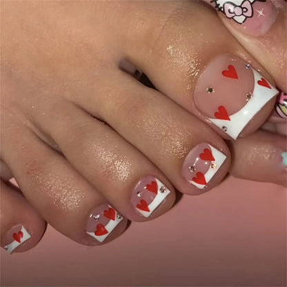 White French Fake Toenails with Rhinestone Design False Toenails for Girls Women Acrylic Toe Nail Tips Full Cover Wearable 24pcs