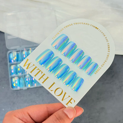 144Pcs Holographic Blue Chrome Press On Nails Iridescent Plating Medium Square Fake Nail for Women Daily Party False Nail Tips D