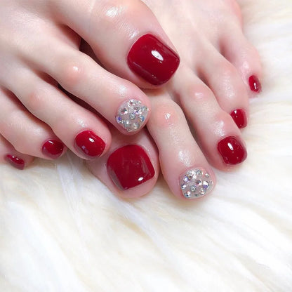 Simple White French Artificial Toenails Shiny Rhinestones Toe False Nails with Glue Wearable Short Flat Shape Fake Toenails