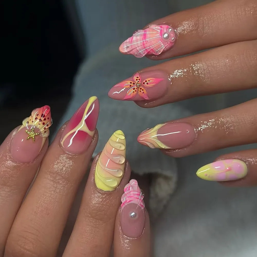 24Pcs Mid-length Almond Press on Fake Nails with Insect Flower Button Design Full Cover Nails Tips Reusable Finished False Nails