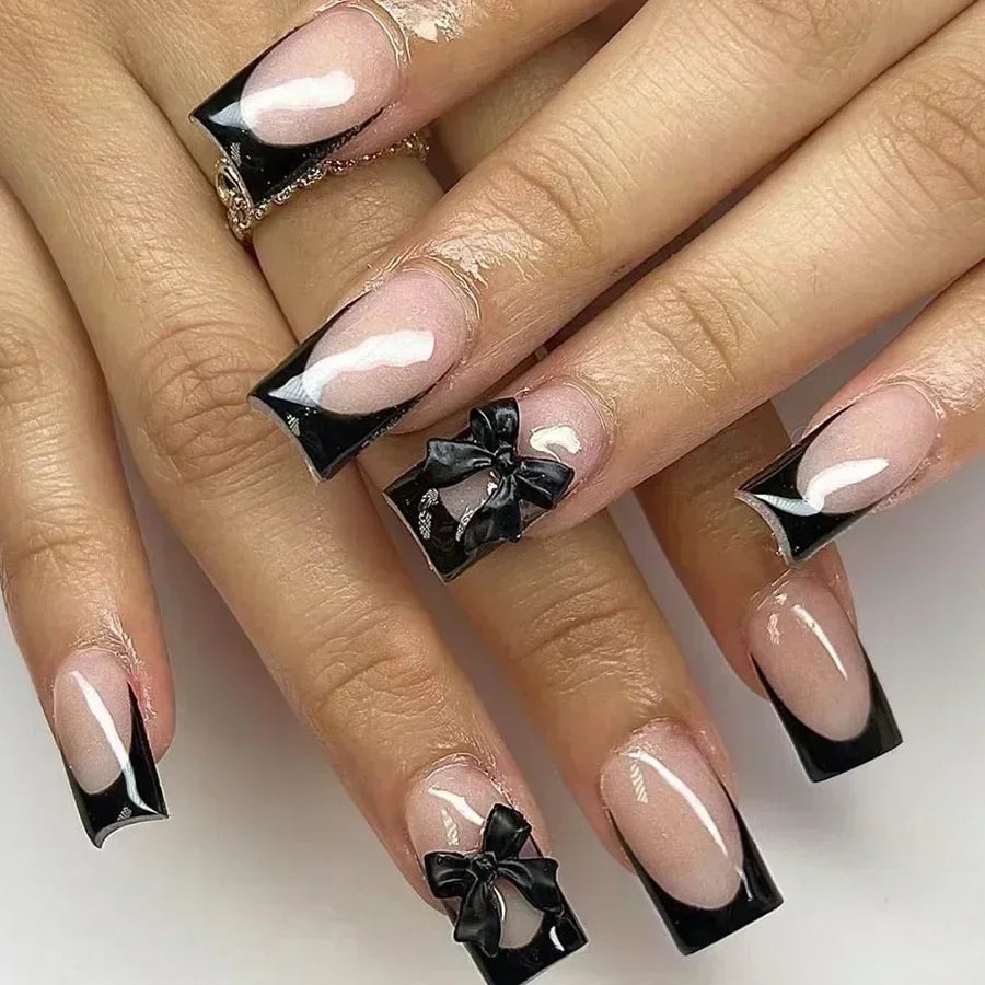 24pcs Press on Nails Short Almond Bowknot Black Press on Nails White Pearl Sweet French Tip Press on Nails Cute Nail Artificial