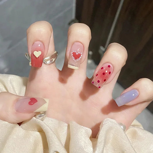 24Pcs Stripes Heart Pentagram Decoration Press on Nails Pink Gradient Ballet Square Head Nail Tips Art Detachable Nail Stickers