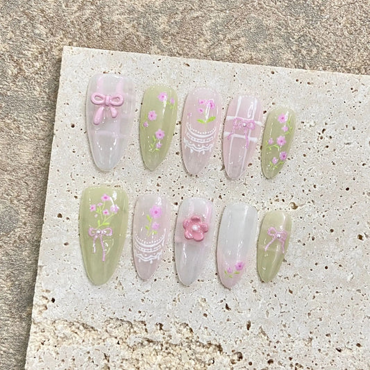 10Pcs Blush Pink Press on Nails Handmade Almond Light Green Fake Nails Flower Bowknot Designs Summer Woman Wearable Manicure