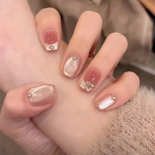 24pcs Cat's Eye French Fake Nails Tip Blush Short Square False Nail with Diamond Sweet Full Cover Ballet Wearable Press on Nails