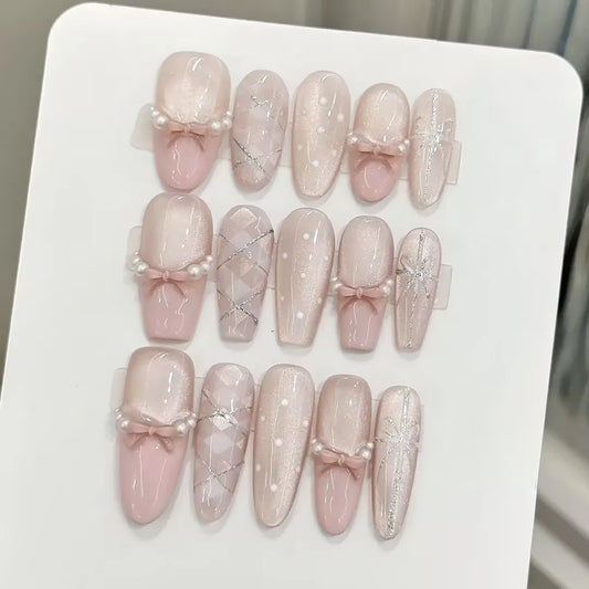 10PCS Oval/Coffin Handmade Press On Nails,Gentle French Style,Suitable For Festivals Parties And Daily Wear.