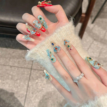 10pcs Chinese Retro Handmade False Nails Luxury Dragon Phoenix Colorful Diamond Gold Chain Decor Press On Nails Charms Manicure