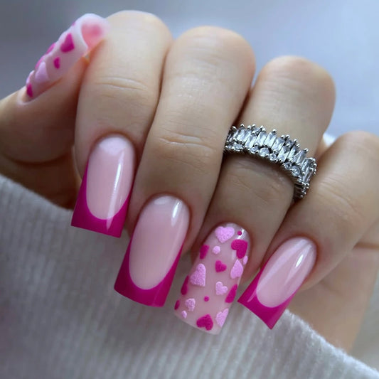 24pcs Upgrade Your Look With Pink French heart-shaped design false nail set 1pc Nail File & 1Nail Glue Sticker Kit Nails