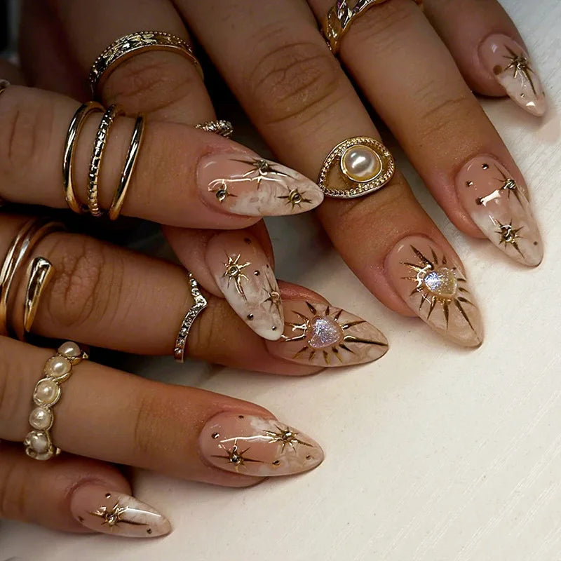 24Pcs Short Almond Fake Nails Butterfly Wings Nail Art with Glue Glitter Flower False Nails Acrylic Autumn Winter Press on Nail