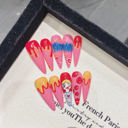 Handmade Clown Designs False Nals White French Long Stiletto Press On Nails Glossy Pink Wearable Fake Nail Patches For Party
