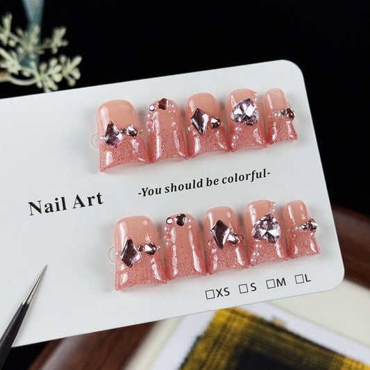 10pcs high-end Pink girl style, hand-painted three-dimensional rhinestones, fine glittering sequins handmade fake nails