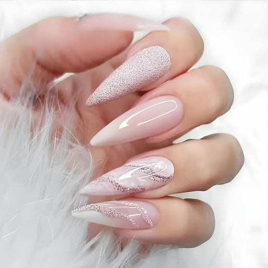 24pcs Finished Press on Nails Long Stiletto Fake Nails Tips Simple Shiny Powder Design Almond False Nail Art Wearable Manicure