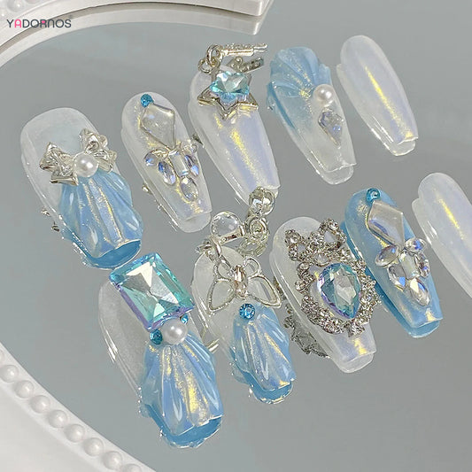 Handmade Fake Nails Glitter Blue Press on Nails Alloy Bowknot Butterfly Star Designed Wearable False Nails Tips Diamond Decor