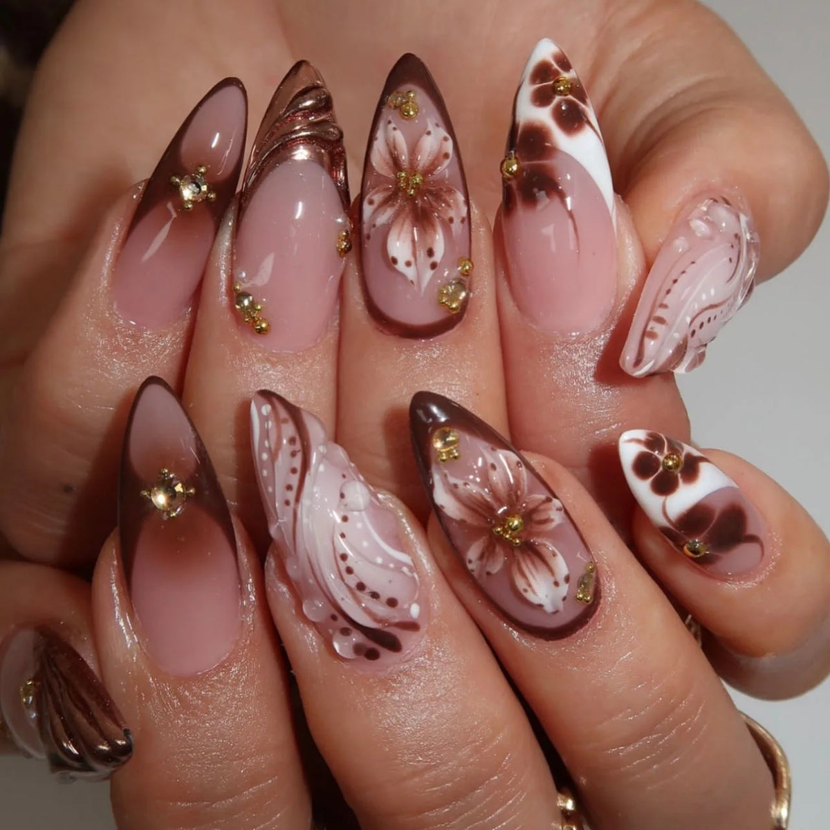 Harvest – Brown Floral 3D Almond Press-On Nails