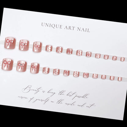 24pcs Light Pink Cat's Eye Press On Nails For Foot Simple Red Wave Point Decor False Toenails Korean Style Summer Fake Toenail
