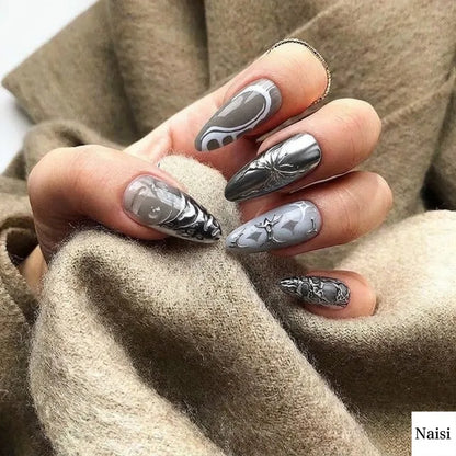 10PCS Gothic Y2K Almond Press on Nails Silver Metallic Chrome Gray White Vine Heart Spider Fake Nails Handmade Gyaru Nails Tips