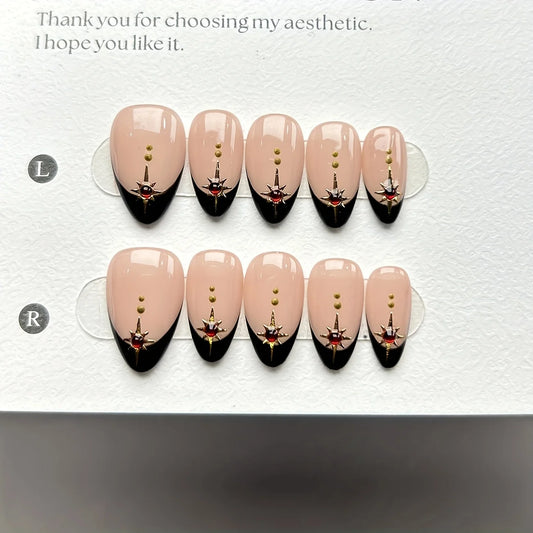 10pcs high-end New French nude light luxury design handmade fake nails, Red Diamond Premium nude pure handmade nail art