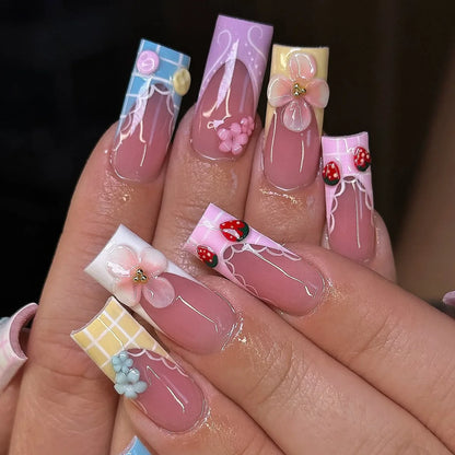 24PCS Spice Girls False Nails Sweet Cool 3D Pink Flowers with Diamonds Decoration Square Press on Nails Full Cover Wearable Tips