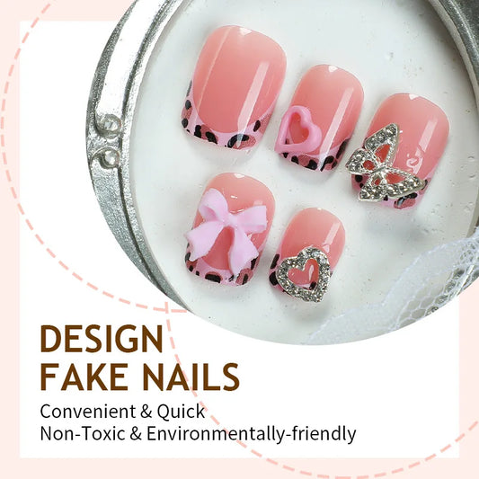 24pcs Spicy Girls Bowknots Press On Nails Leopard Print French Style Fake Nail Diamnod Heart Butterfly Decor Square False Nail
