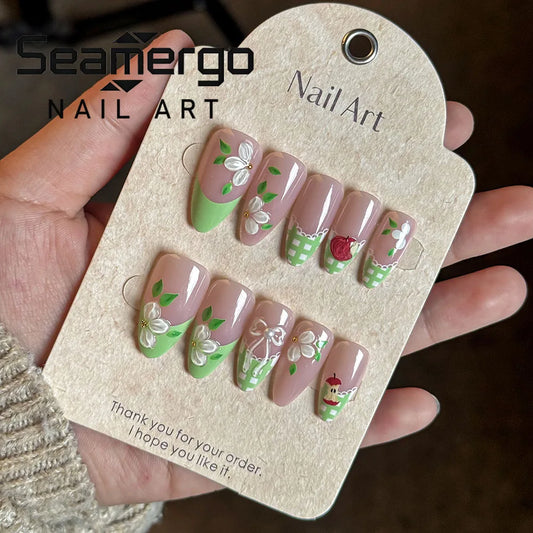 24PCS Pink Green Almond Fake Nails 3D Flower Apple Leaf Pearl Bow Decor Press on Nails Fruit Floral Style Reusable False Nails