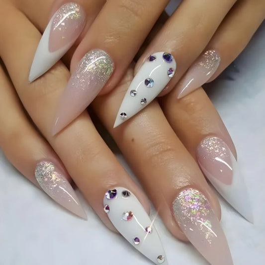 24Pcs Long Stiletto False Nails Shiny Powder White French Press on Fake Nails Rhinestone Wearable Finished Full Cover Nails Tips