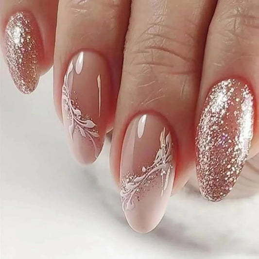 24Pcs Christmas Press on Nails White Snowflake  Fake Nails French Almond Glitter Artificial Nails Full Cover Nail New Year Gifts