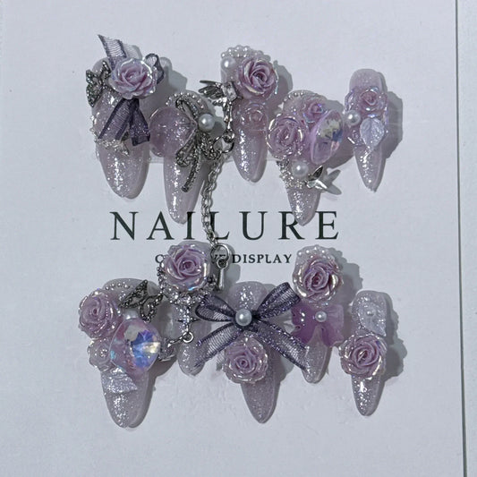 10Pcs Purple Flower Handmade Almond Press on Nails French Rhinestone Full Cover Fake Nail Ballet Manicure Wearable Nail Tips