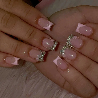 24pcs Press on Nails Short Almond Bowknot Black Press on Nails White Pearl Sweet French Tip Press on Nails Cute Nail Artificial