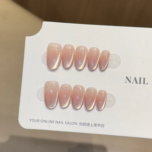 10Pcs Cat Eye Nude Pink Shiny Press on Nails French Mid-length Fashion Simple Manicure Reusable Acrylic Almond False Nails Tools
