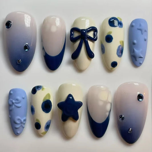 24Pcs Mid-length Almond False Nails Star Smudge French Wearable Press on Fake Nails Blue 3D Flower Design Full Cover Nails Tips