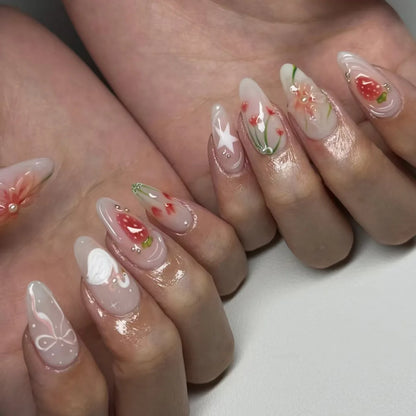 24pcs Sweet Letter Press On Nails Cute Cherry Bowknots Ladybug Strawberry Decor False Nails Blush Pink Almond Fake Nail For Girl