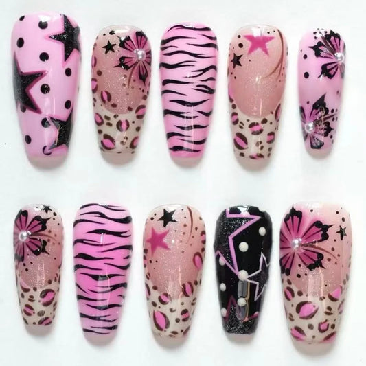 24Pcs Mid-length Ballet Fake Nails Press on French Pink Leopard Print False Nails Y2k Flower Star Wearable Full Cover Nails Tips