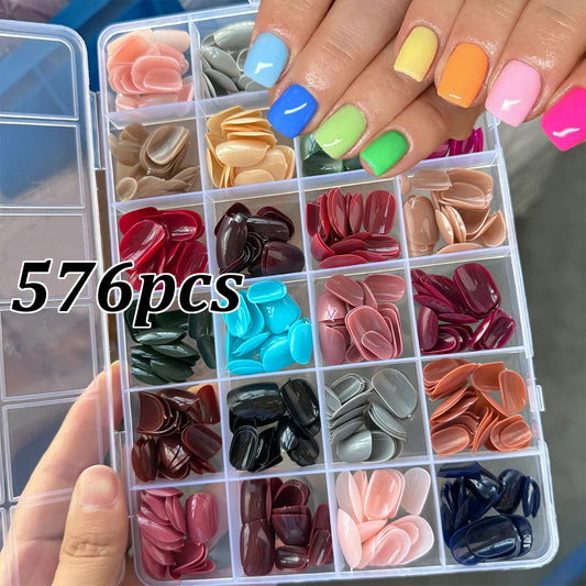 576pcs Round Short Square Colorful False nails 24 Solid Colors Fake Nail Full Cover Press On False Nails Acrylic Mixed Nail Tips